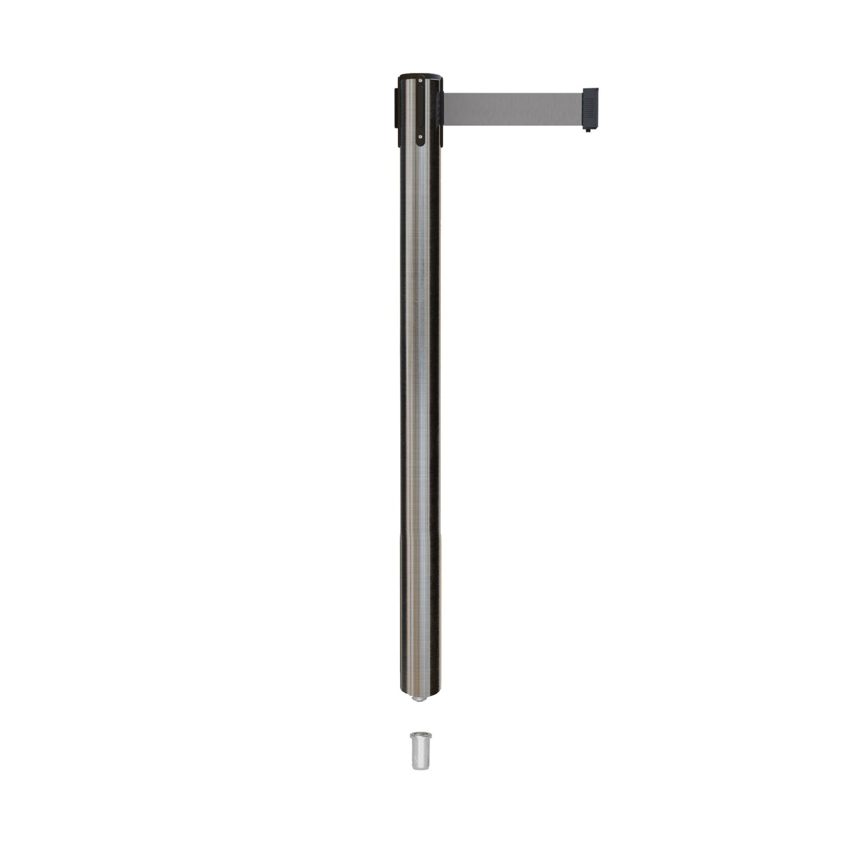 Retractable Belt Barrier Stanchion, Mini Socket Base, Satin Stainless Steel Post, 7.5 ft Belt - Montour Line MX630SK - Crowd Control Warehouse
