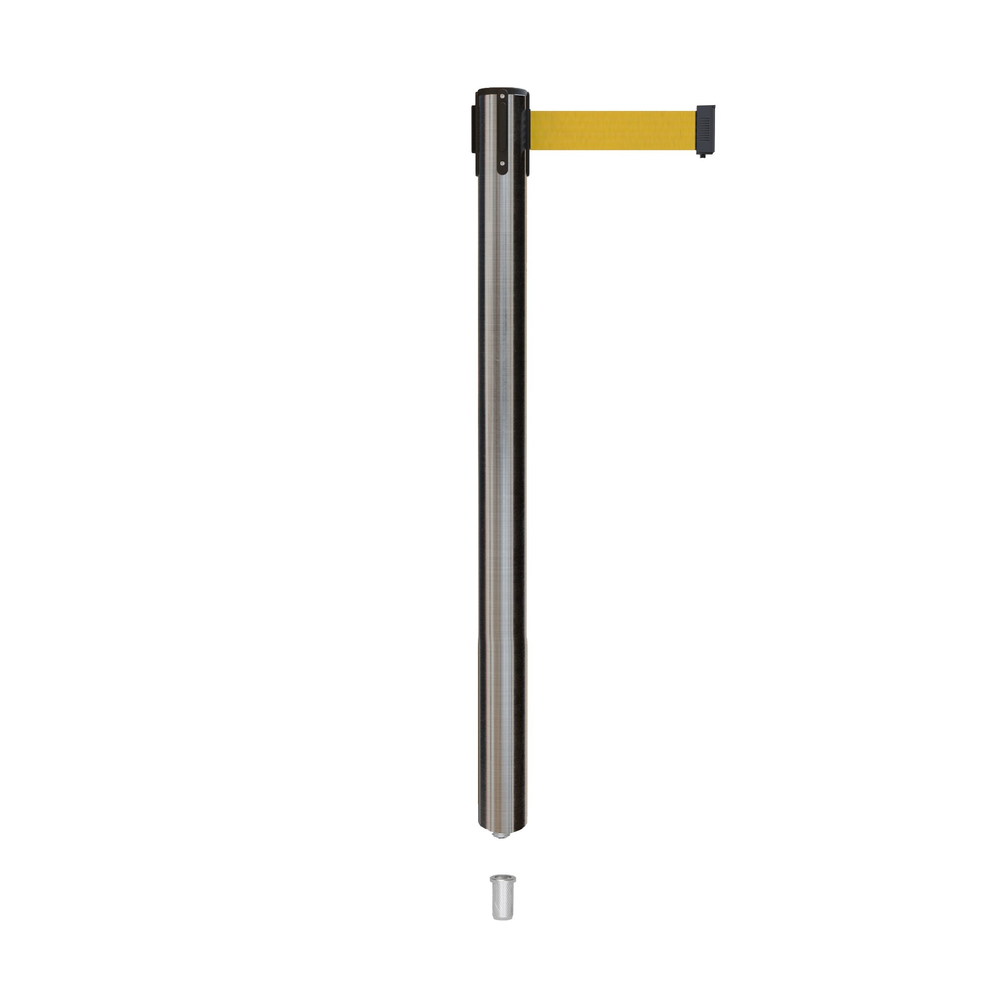 Retractable Belt Barrier Stanchion, Mini Socket Base, Satin Stainless Steel Post, 9 ft Belt - Montour Line MX630SK - Crowd Control Warehouse
