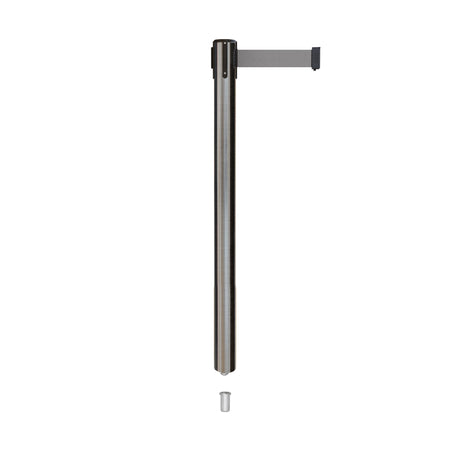 Retractable Belt Barrier Stanchion, Mini Socket Base, Satin Stainless Steel Post, 9 ft Belt - Montour Line MX630SK - Crowd Control Warehouse