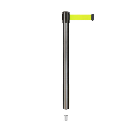 Retractable Belt Barrier Stanchion, Mini Socket Base, Satin Stainless Steel Post, 9 ft Belt - Montour Line MX630SK - Crowd Control Warehouse