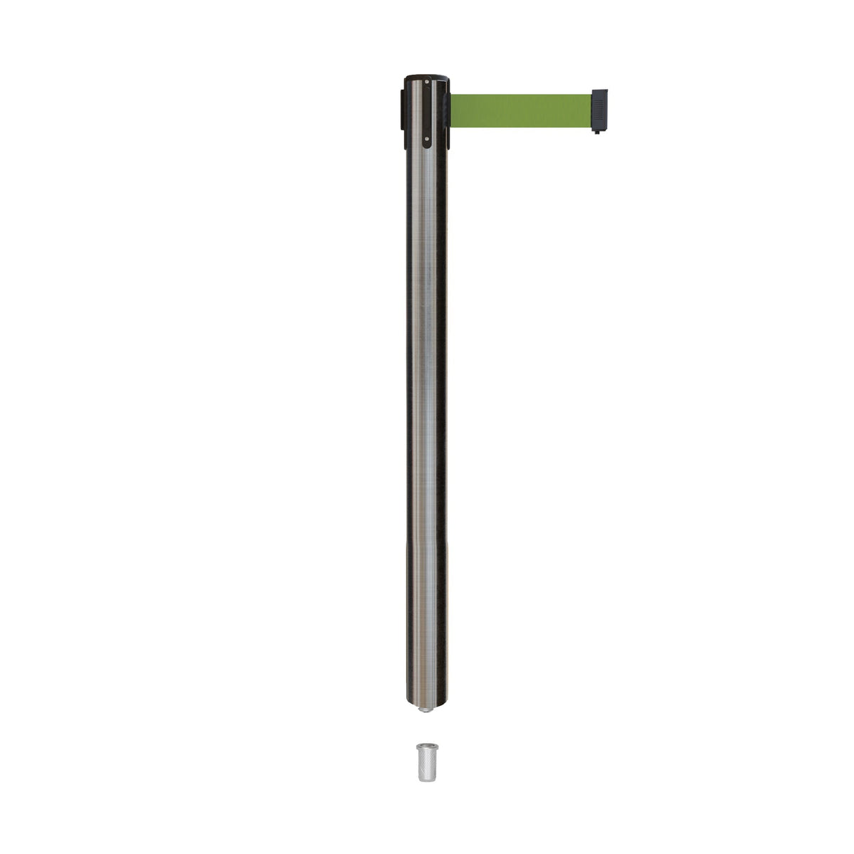 Retractable Belt Barrier Stanchion, Mini Socket Base, Satin Stainless Steel Post, 9 ft Belt - Montour Line MX630SK - Crowd Control Warehouse