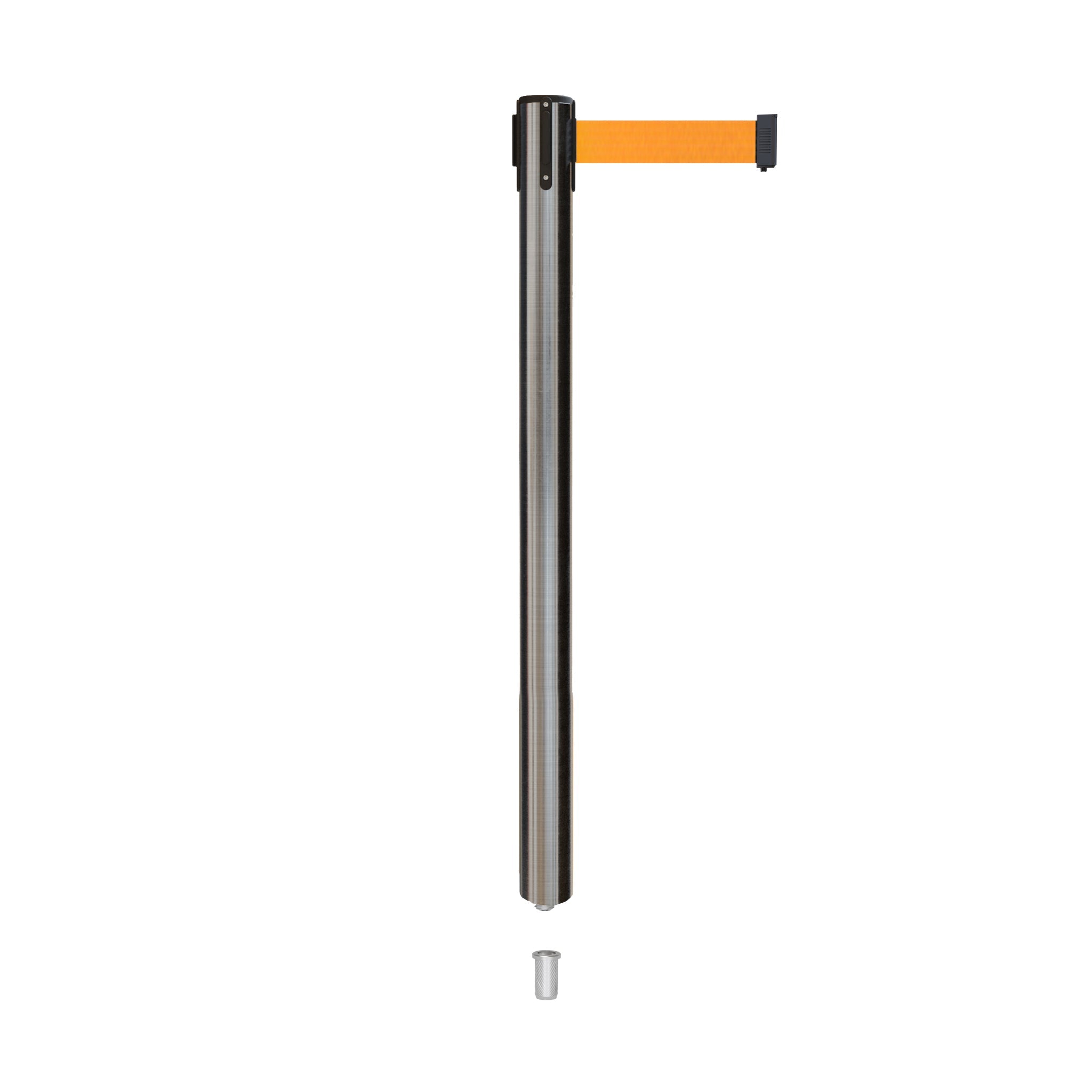 Retractable Belt Barrier Stanchion, Mini Socket Base, Satin Stainless Steel Post, 9 ft Belt - Montour Line MX630SK - Crowd Control Warehouse