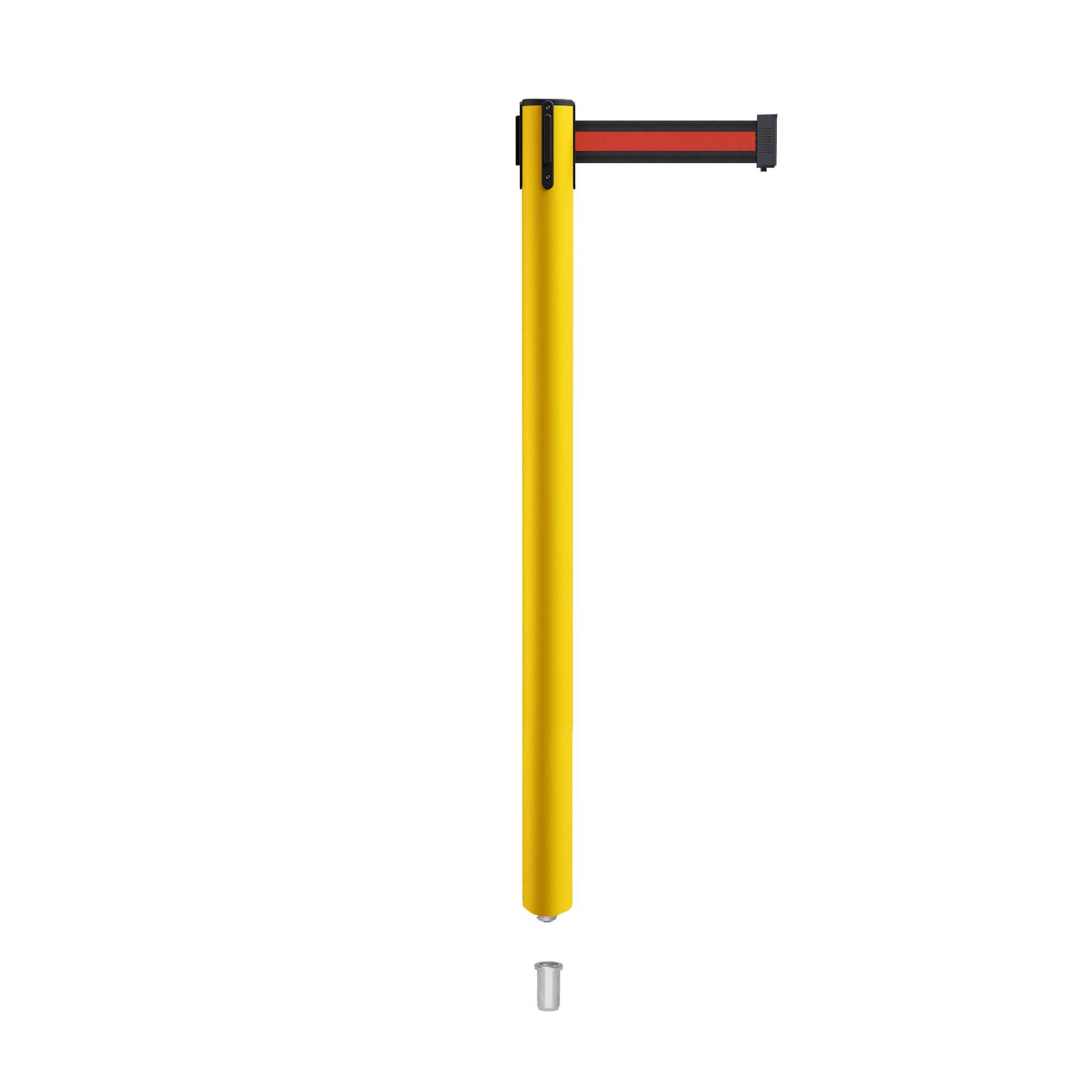 Retractable Belt Barrier Stanchion, Mini Socket Base, Yellow Post, 11 ft Belt - Montour Line MSX630SK - Crowd Control Warehouse