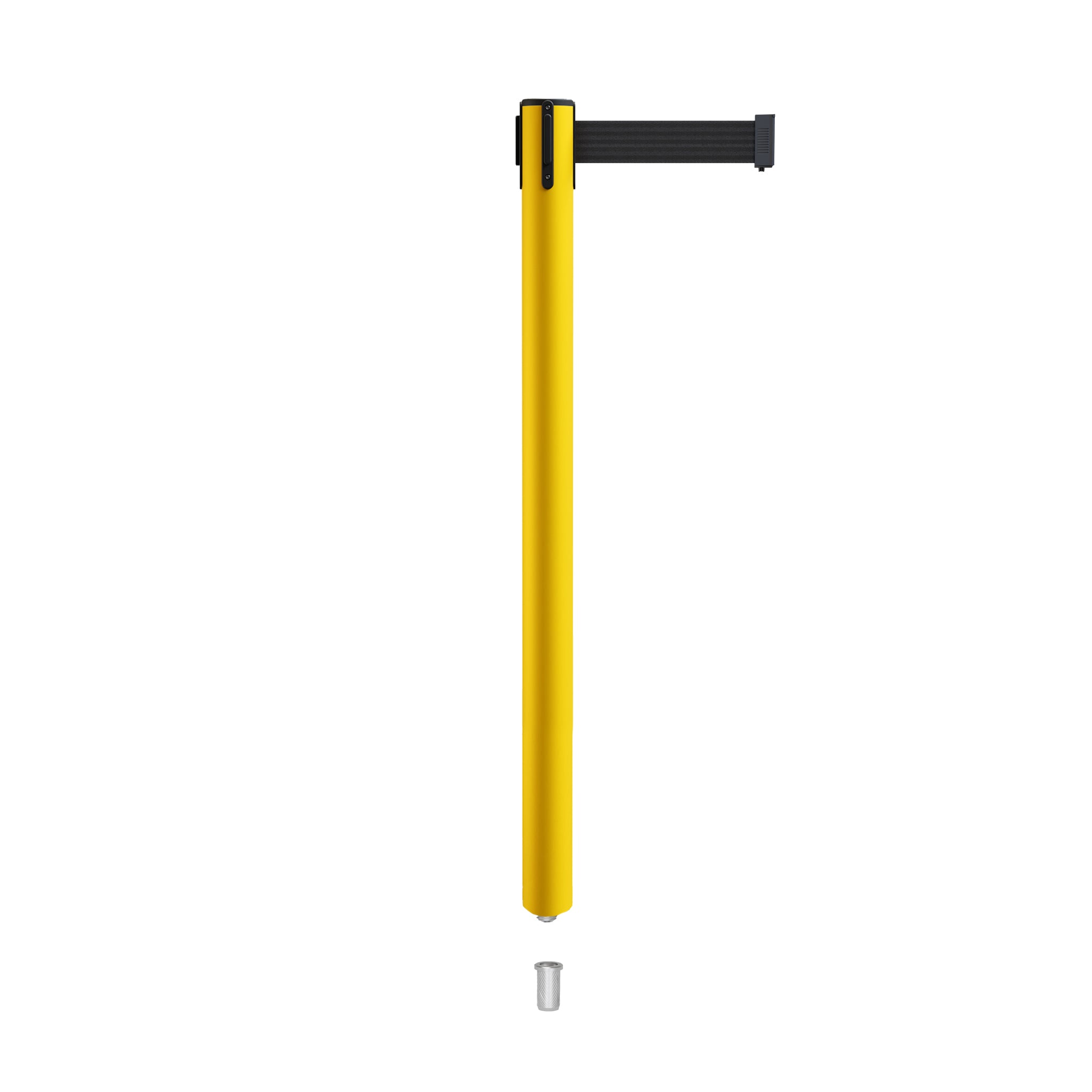 Retractable Belt Barrier Stanchion, Mini Socket Base, Yellow Post, 11 ft Belt - Montour Line MSX630SK - Crowd Control Warehouse