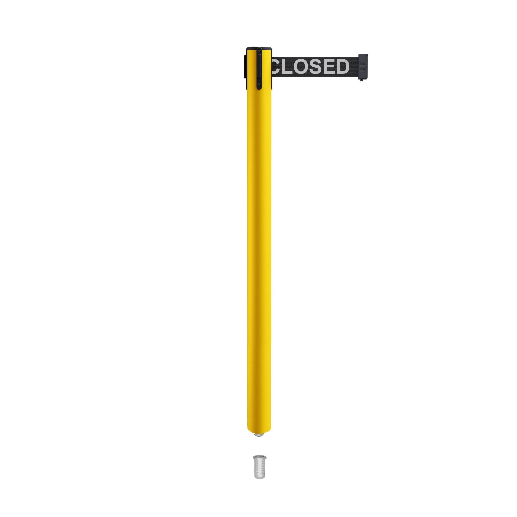 Retractable Belt Barrier Stanchion, Mini Socket Base, Yellow Post, 11 ft Belt - Montour Line MSX630SK - Crowd Control Warehouse