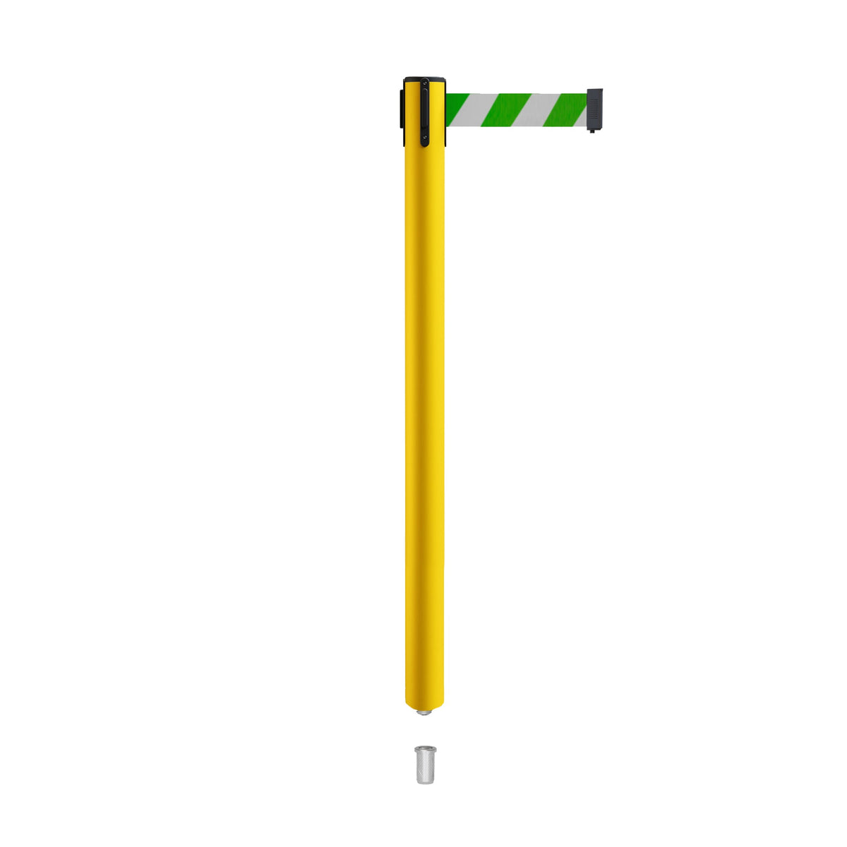 Retractable Belt Barrier Stanchion, Mini Socket Base, Yellow Post, 11 ft Belt - Montour Line MSX630SK - Crowd Control Warehouse