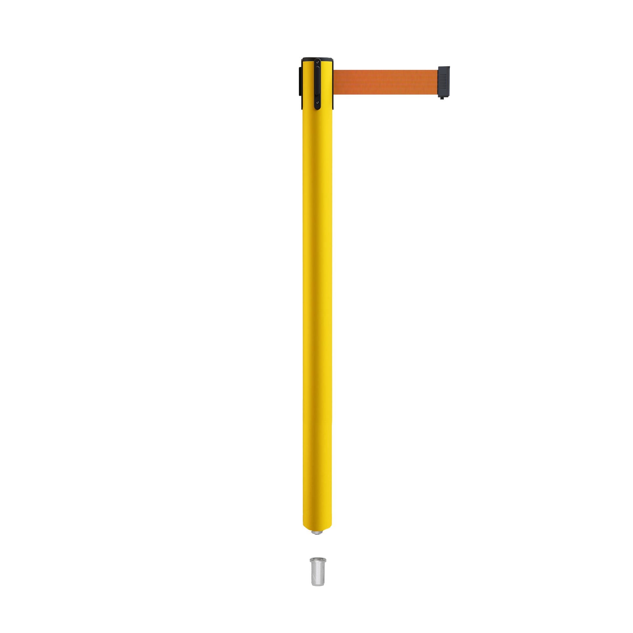 Retractable Belt Barrier Stanchion, Mini Socket Base, Yellow Post, 11 ft Belt - Montour Line MSX630SK - Crowd Control Warehouse