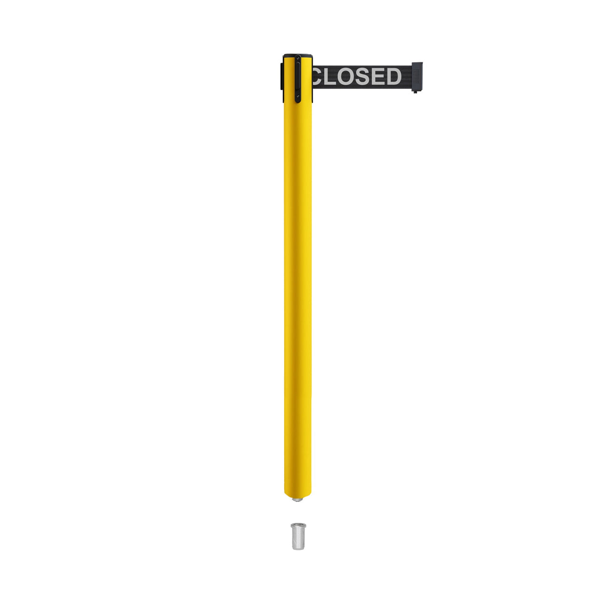 Retractable Belt Barrier Stanchion, Mini Socket Base, Yellow Post, 13 ft Belt - Montour Line MSX630SK - Crowd Control Warehouse