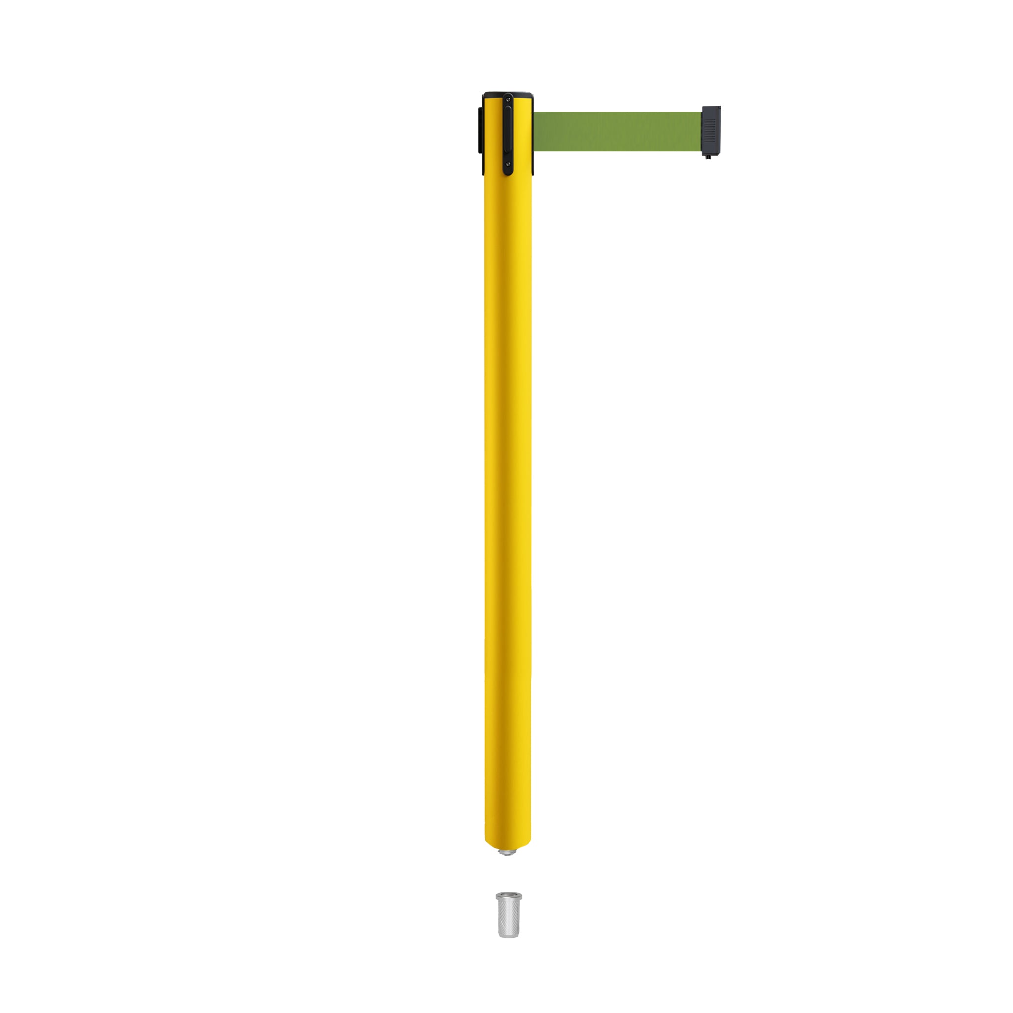 Retractable Belt Barrier Stanchion, Mini Socket Base, Yellow Post, 13 ft Belt - Montour Line MSX630SK - Crowd Control Warehouse