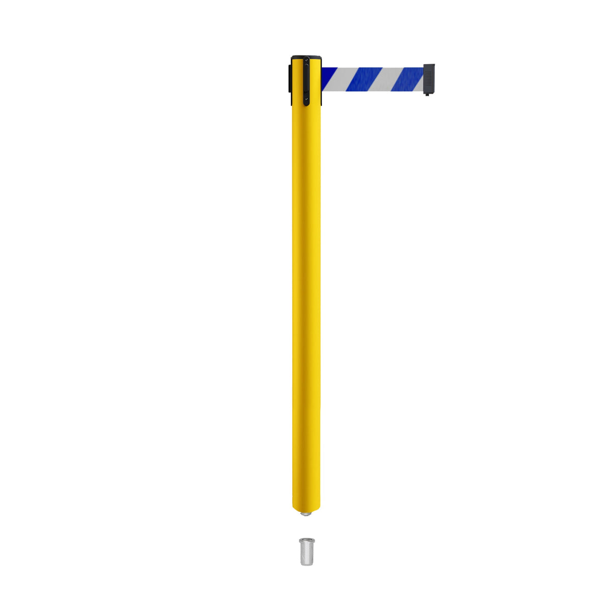 Retractable Belt Barrier Stanchion, Mini Socket Base, Yellow Post, 13 ft Belt - Montour Line MSX630SK - Crowd Control Warehouse