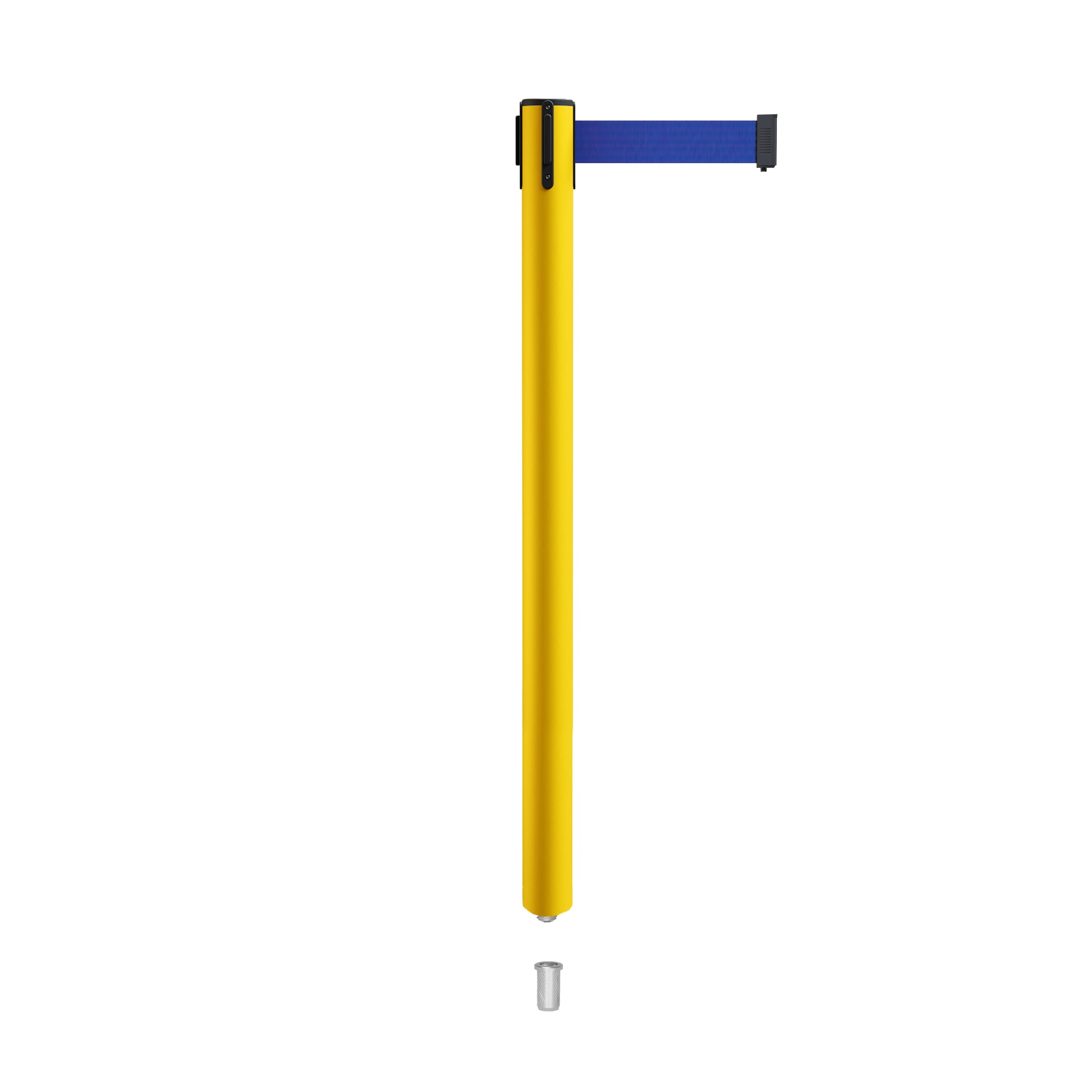 Retractable Belt Barrier Stanchion, Mini Socket Base, Yellow Post, 7.5 ft Belt - Montour Line MSX630SK - Crowd Control Warehouse
