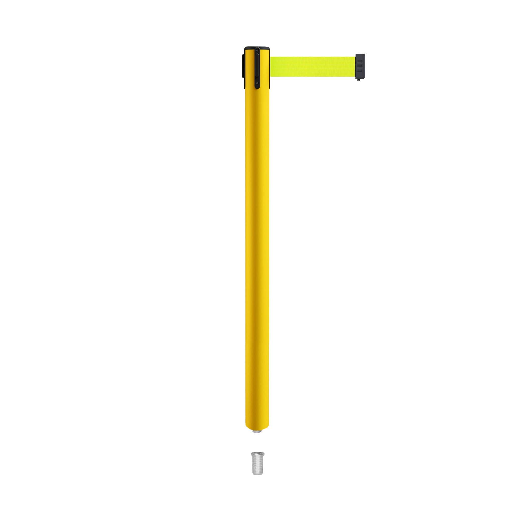 Retractable Belt Barrier Stanchion, Mini Socket Base, Yellow Post, 7.5 ft Belt - Montour Line MSX630SK - Crowd Control Warehouse
