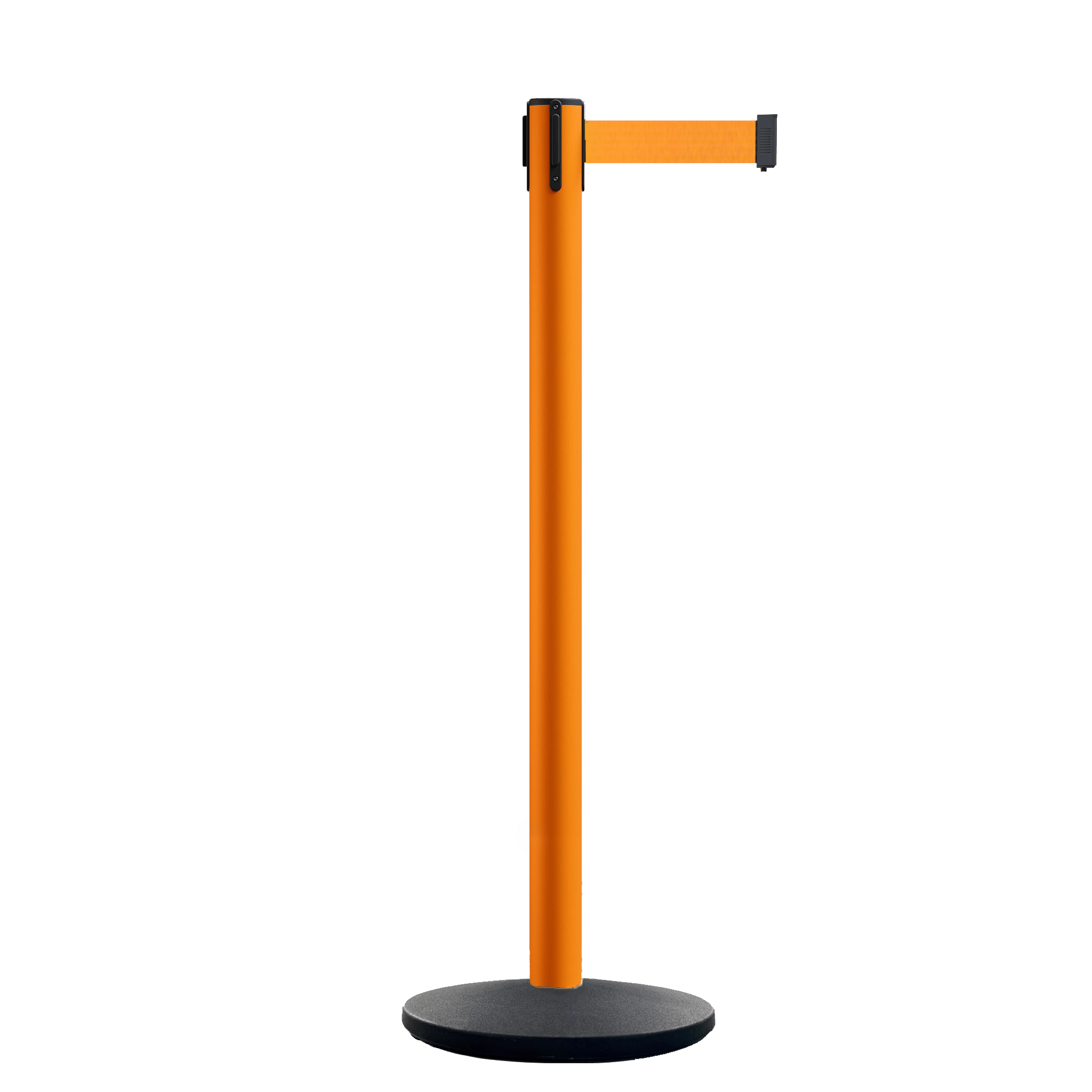 Retractable Belt Barrier Stanchion, Orange Post, Cast Iron Base, 10.5 Ft. Belt - Montour Line MI630 - Crowd Control Warehouse