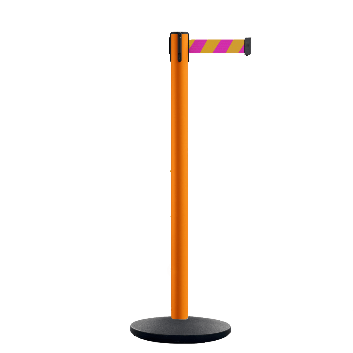 Retractable Belt Barrier Stanchion, Orange Post, Cast Iron Base, 10.5 Ft. Belt - Montour Line MI630 - Crowd Control Warehouse