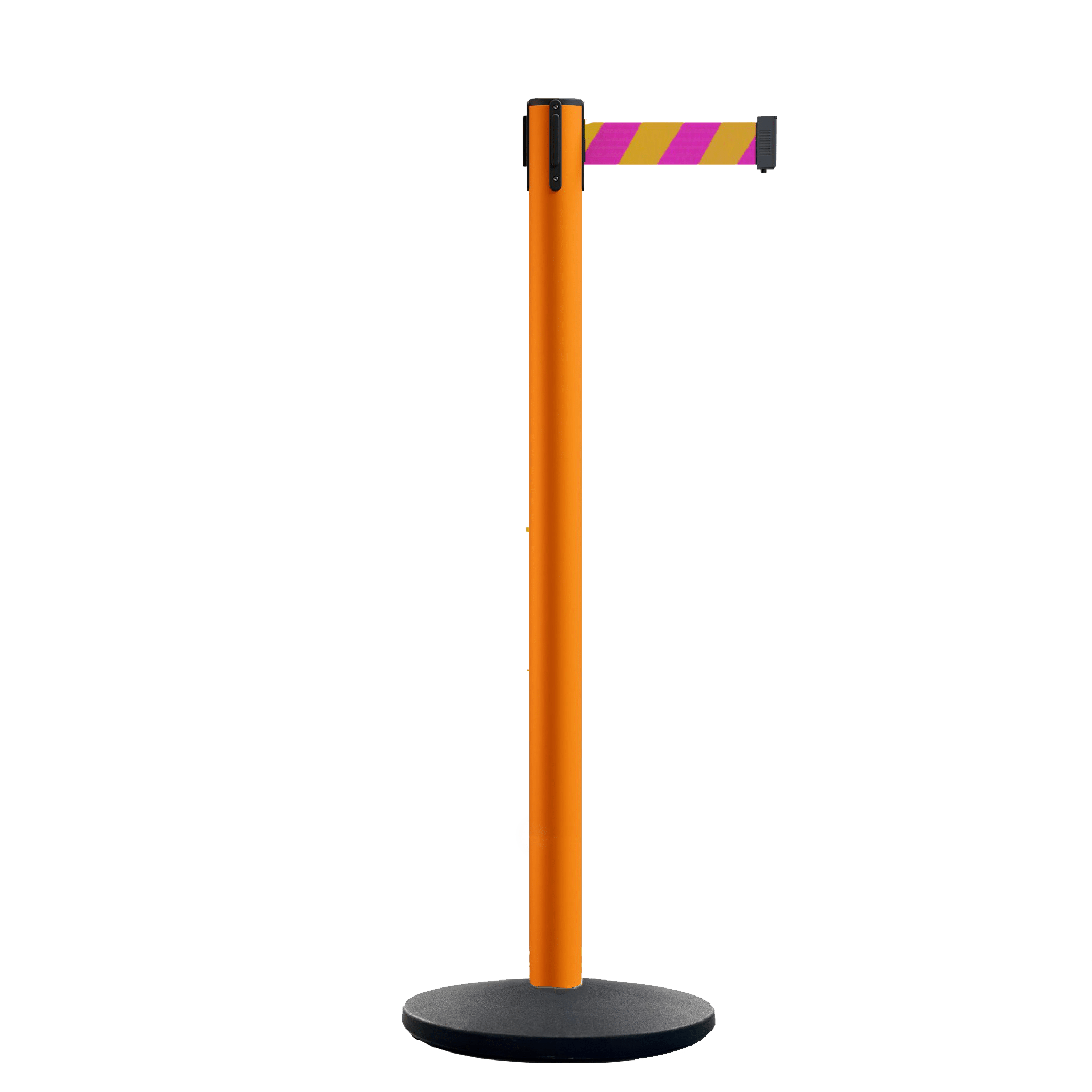 Retractable Belt Barrier Stanchion, Orange Post, Cast Iron Base, 10.5 Ft. Belt - Montour Line MI630 - Crowd Control Warehouse