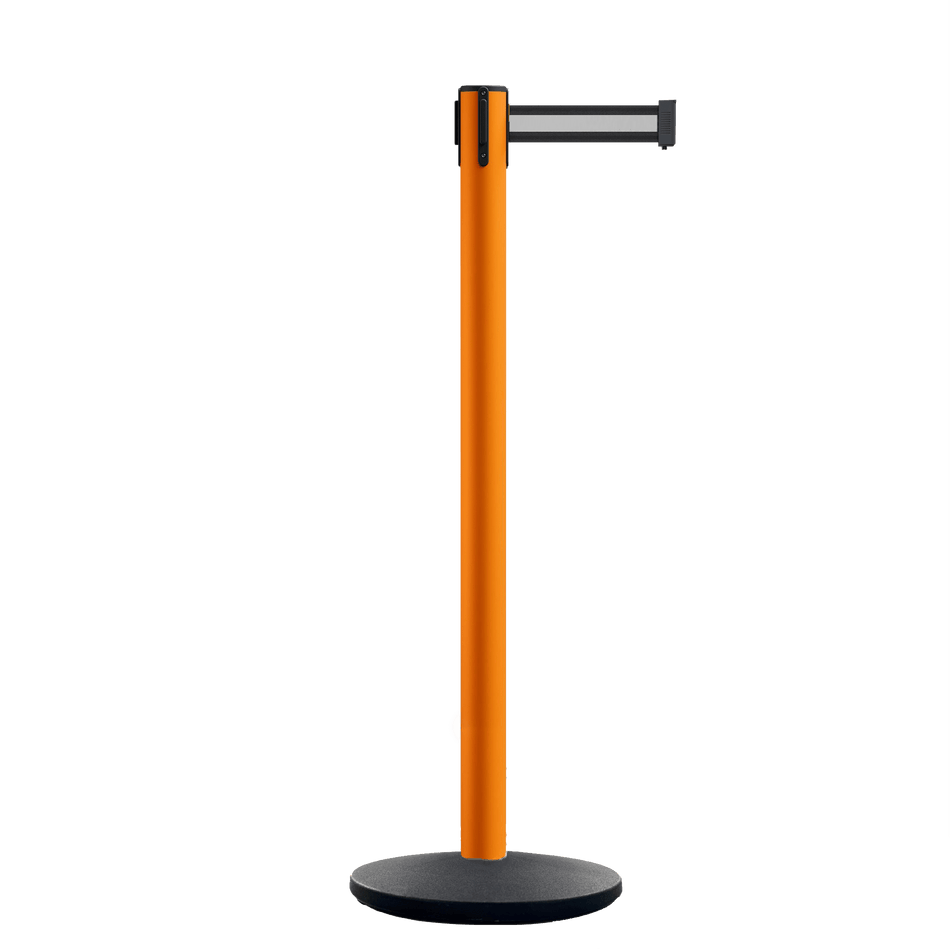 Retractable Belt Barrier Stanchion, Orange Post, Cast Iron Base, 10.5 Ft. Belt - Montour Line MI630 - Crowd Control Warehouse