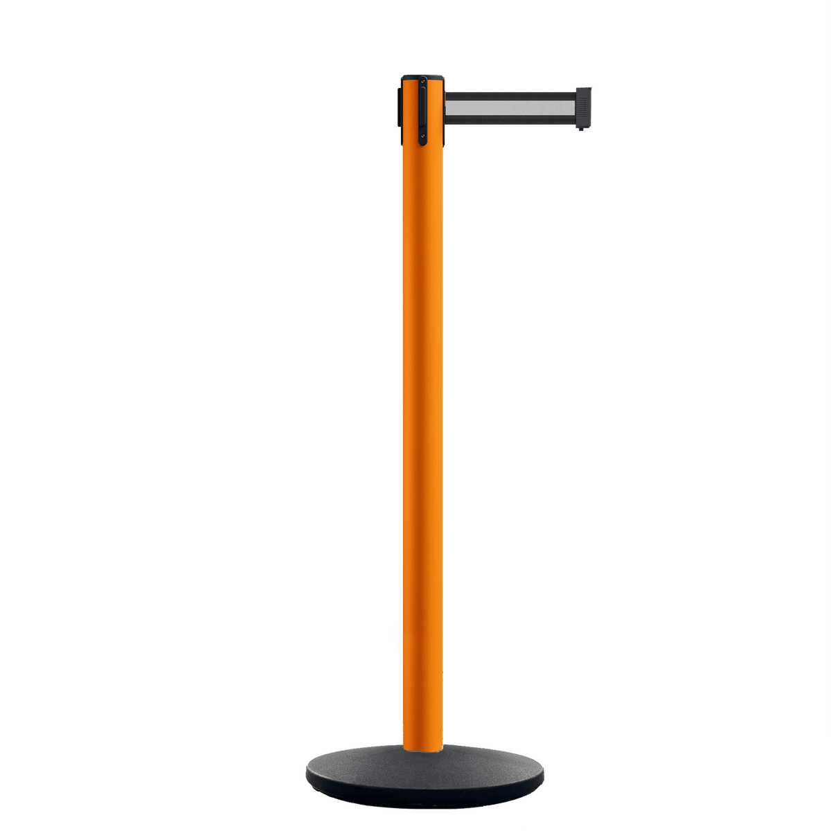 Retractable Belt Barrier Stanchion, Orange Post, Cast Iron Base, 10.5 Ft. Belt - Montour Line MI630 - Crowd Control Warehouse