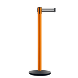 Retractable Belt Barrier Stanchion, Orange Post, Cast Iron Base, 10.5 Ft. Belt - Montour Line MI630 - Crowd Control Warehouse