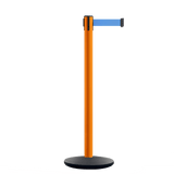 Retractable Belt Barrier Stanchion, Orange Post, Cast Iron Base, 10.5 Ft. Belt - Montour Line MI630 - Crowd Control Warehouse