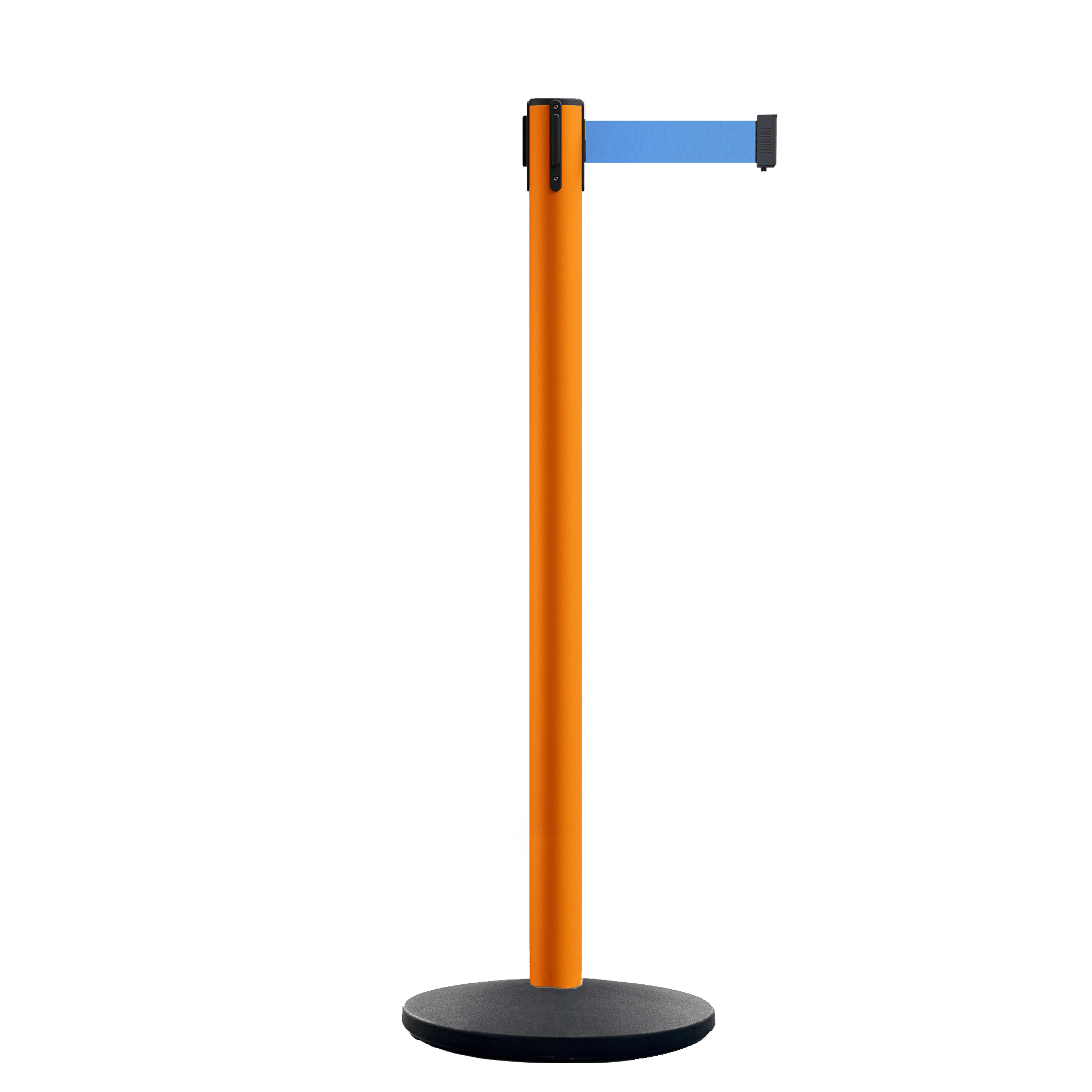 Retractable Belt Barrier Stanchion, Orange Post, Cast Iron Base, 10.5 Ft. Belt - Montour Line MI630 - Crowd Control Warehouse