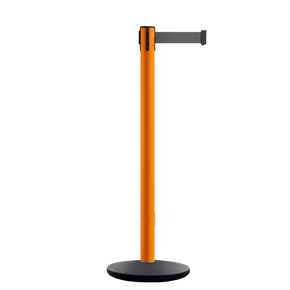 Retractable Belt Barrier Stanchion, Orange Post, Cast Iron Base, 10.5 Ft. Belt - Montour Line MI630 - Crowd Control Warehouse
