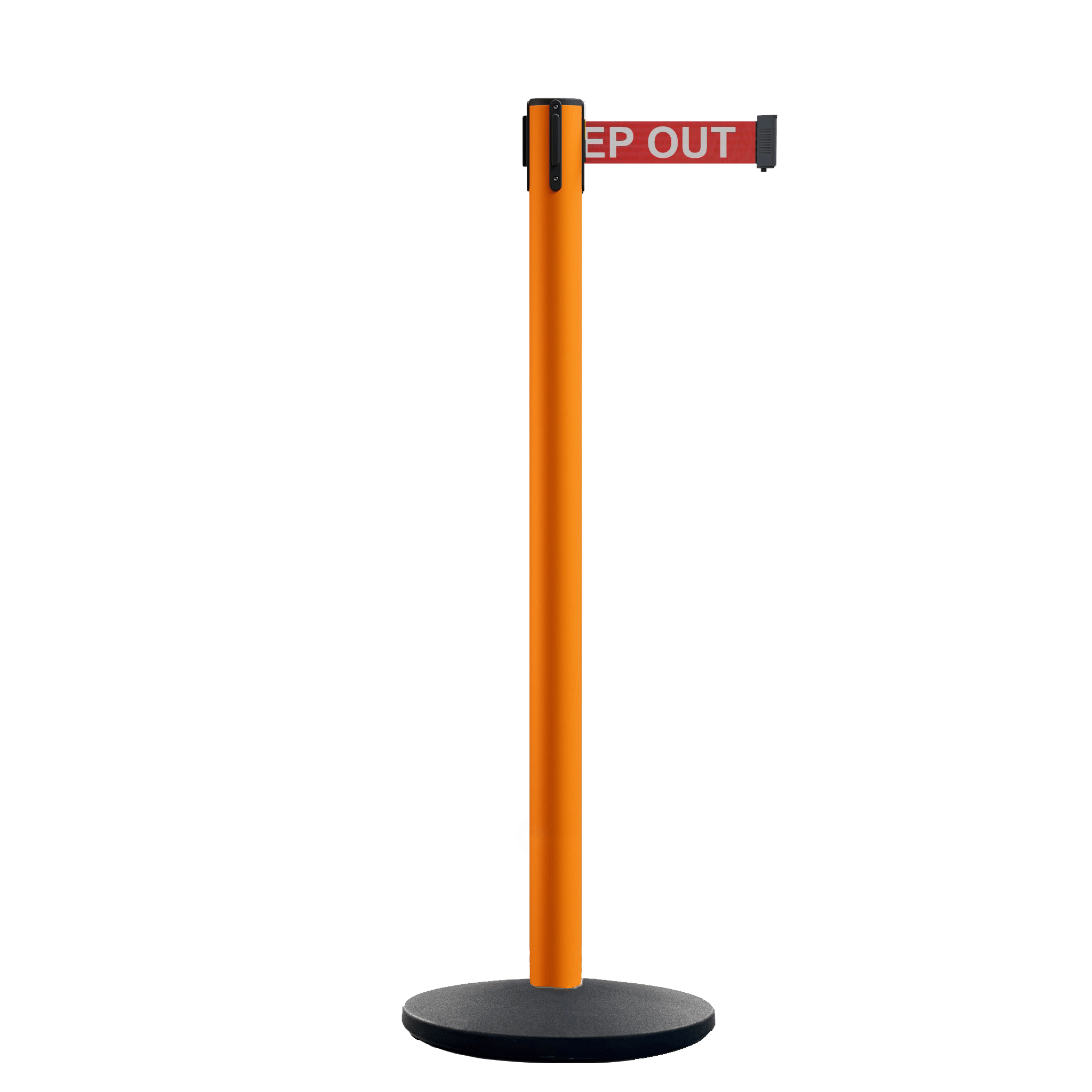 Retractable Belt Barrier Stanchion, Orange Post, Cast Iron Base, 10.5 Ft. Belt - Montour Line MI630 - Crowd Control Warehouse