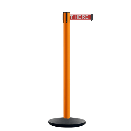 Retractable Belt Barrier Stanchion, Orange Post, Cast Iron Base, 10.5 Ft. Belt - Montour Line MI630 - Crowd Control Warehouse