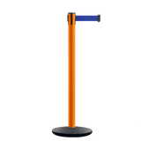 Retractable Belt Barrier Stanchion, Orange Post, Cast Iron Base, 10.5 Ft. Belt - Montour Line MI630 - Crowd Control Warehouse