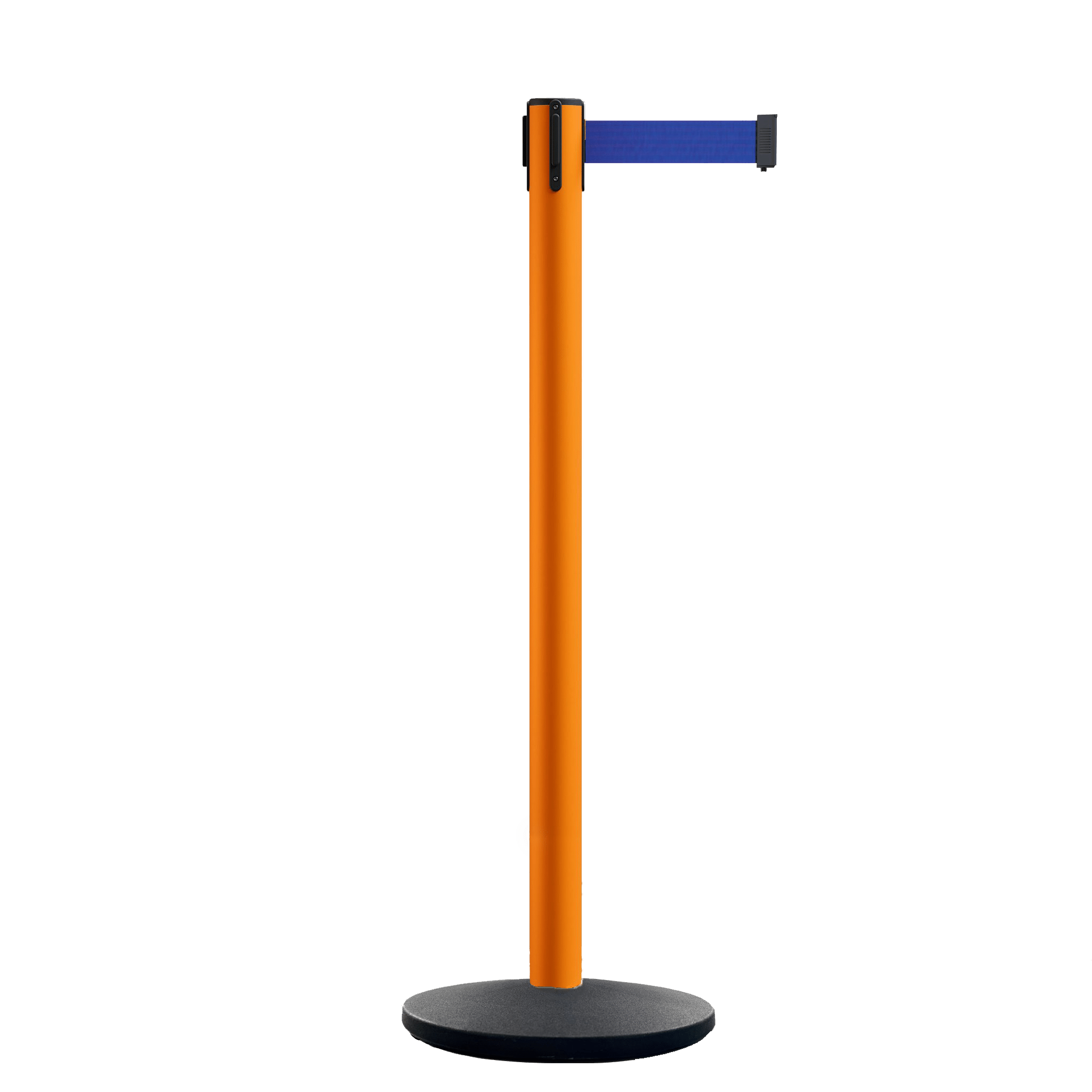 Retractable Belt Barrier Stanchion, Orange Post, Cast Iron Base, 10.5 Ft. Belt - Montour Line MI630 - Crowd Control Warehouse