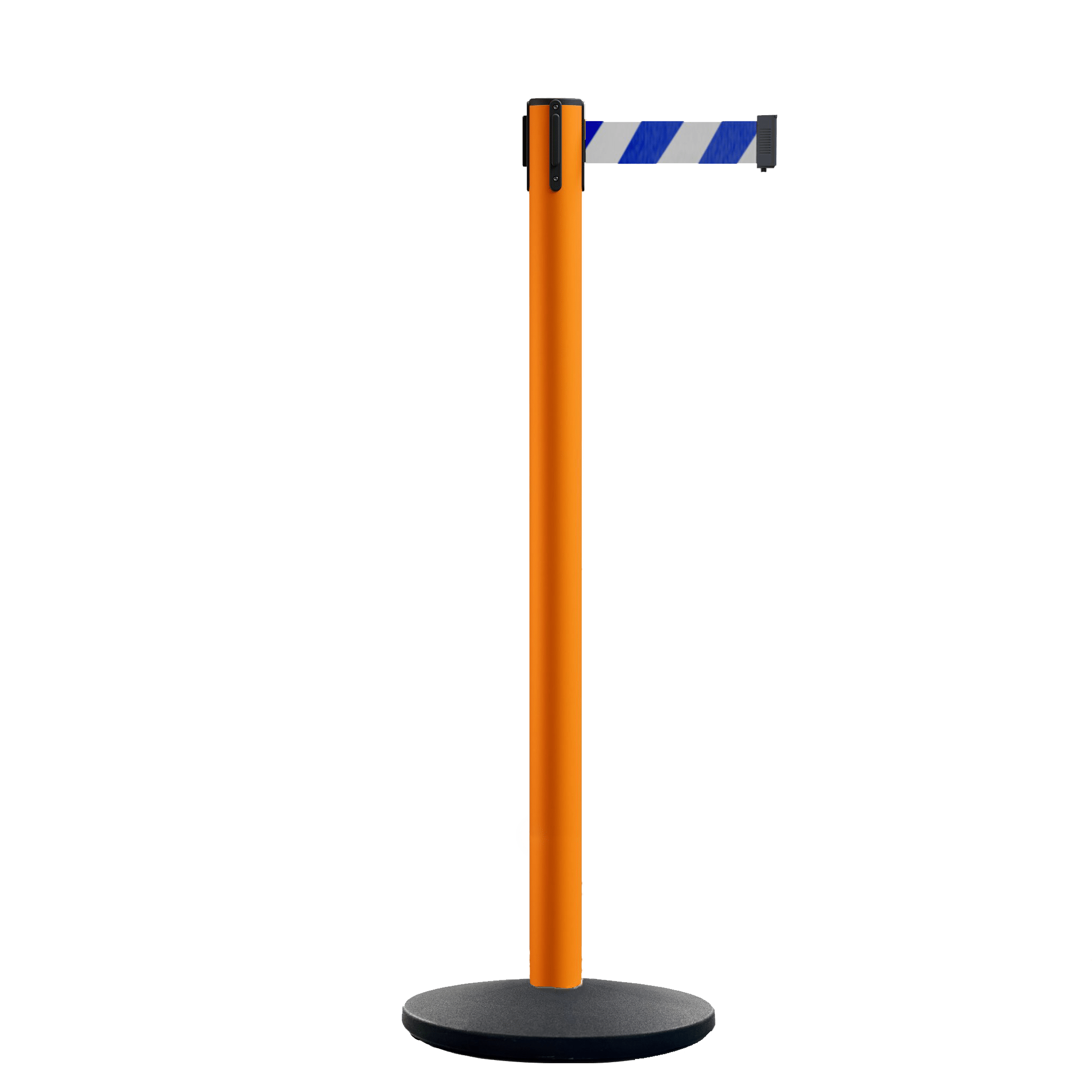 Retractable Belt Barrier Stanchion, Orange Post, Cast Iron Base, 10.5 Ft. Belt - Montour Line MI630 - Crowd Control Warehouse