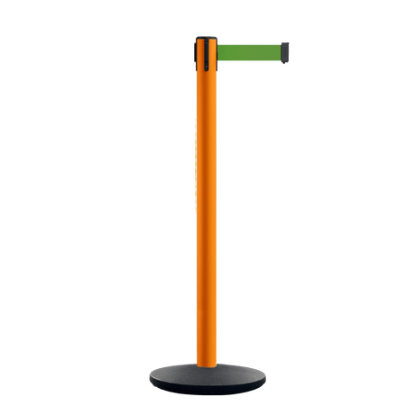 Retractable Belt Barrier Stanchion, Orange Post, Cast Iron Base, 10.5 Ft. Belt - Montour Line MI630 - Crowd Control Warehouse