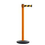 Retractable Belt Barrier Stanchion, Orange Post, Cast Iron Base, 10.5 Ft. Belt - Montour Line MI630 - Crowd Control Warehouse