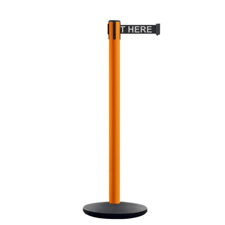 Retractable Belt Barrier Stanchion, Orange Post, Cast Iron Base, 10.5 Ft. Belt - Montour Line MI630 - Crowd Control Warehouse