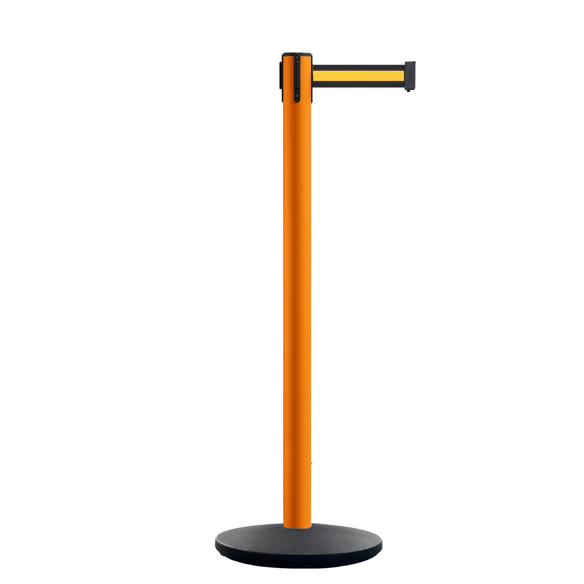 Retractable Belt Barrier Stanchion, Orange Post, Cast Iron Base, 10.5 Ft. Belt - Montour Line MI630 - Crowd Control Warehouse