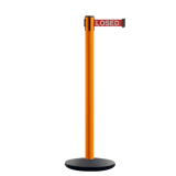 Retractable Belt Barrier Stanchion, Orange Post, Cast Iron Base, 10.5 Ft. Belt - Montour Line MI630 - Crowd Control Warehouse