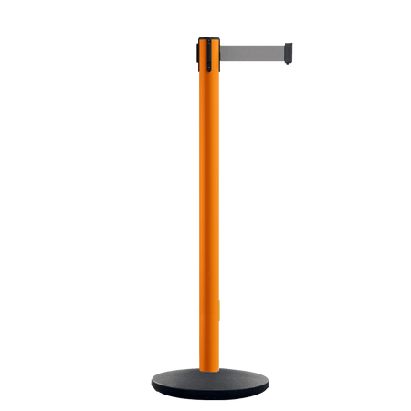 Retractable Belt Barrier Stanchion, Orange Post, Cast Iron Base, 10.5 Ft. Belt - Montour Line MI630 - Crowd Control Warehouse