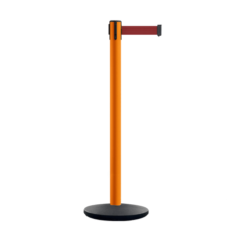 Retractable Belt Barrier Stanchion, Orange Post, Cast Iron Base, 10.5 Ft. Belt - Montour Line MI630 - Crowd Control Warehouse