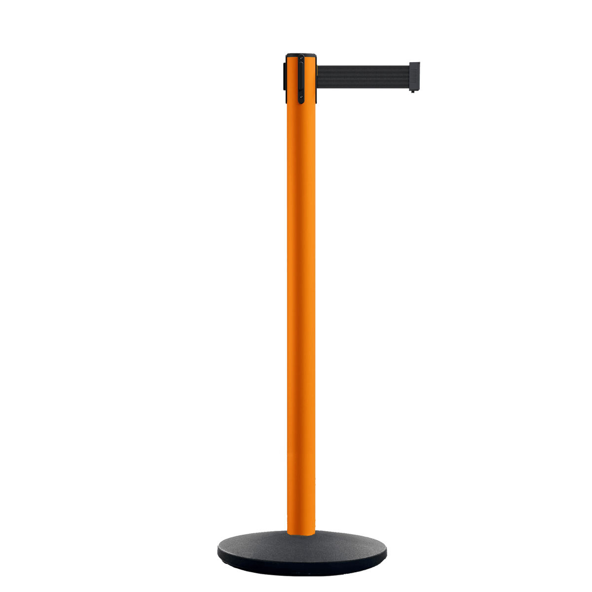 Retractable Belt Barrier Stanchion, Orange Post, Cast Iron Base, 10.5 Ft. Belt - Montour Line MI630 - Crowd Control Warehouse