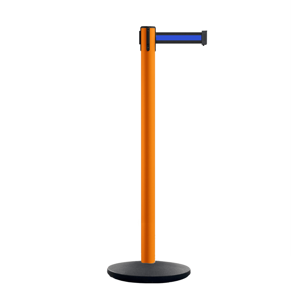 Retractable Belt Barrier Stanchion, Orange Post, Cast Iron Base, 10.5 Ft. Belt - Montour Line MI630 - Crowd Control Warehouse
