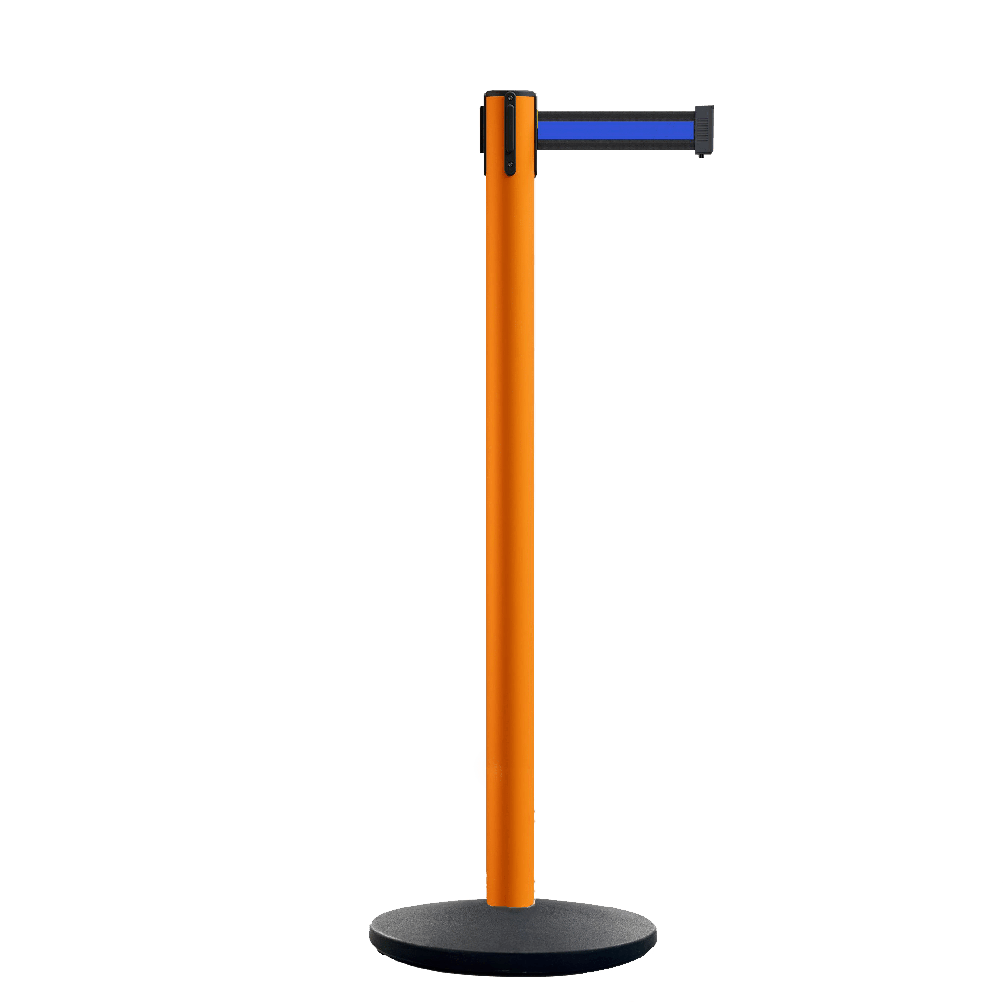 Retractable Belt Barrier Stanchion, Orange Post, Cast Iron Base, 10.5 Ft. Belt - Montour Line MI630 - Crowd Control Warehouse