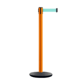 Retractable Belt Barrier Stanchion, Orange Post, Cast Iron Base, 10.5 Ft. Belt - Montour Line MI630 - Crowd Control Warehouse