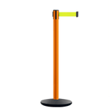 Retractable Belt Barrier Stanchion, Orange Post, Cast Iron Base, 10.5 Ft. Belt - Montour Line MI630 - Crowd Control Warehouse