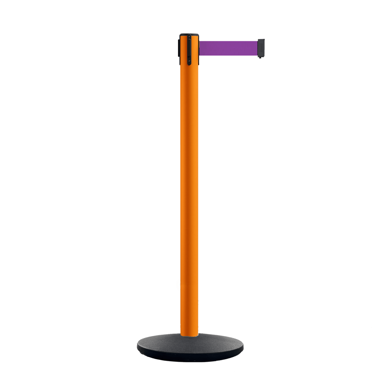 Retractable Belt Barrier Stanchion, Orange Post, Cast Iron Base, 10.5 Ft. Belt - Montour Line MI630 - Crowd Control Warehouse