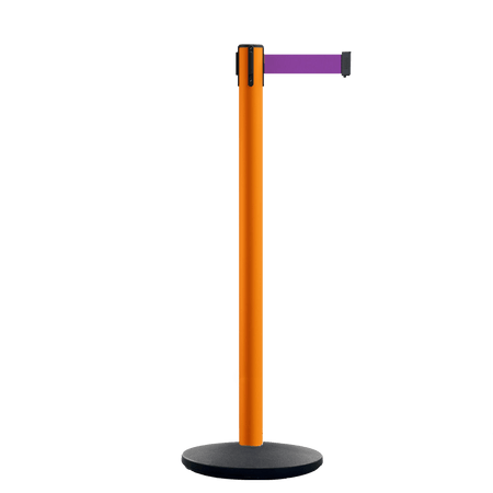 Retractable Belt Barrier Stanchion, Orange Post, Cast Iron Base, 10.5 Ft. Belt - Montour Line MI630 - Crowd Control Warehouse