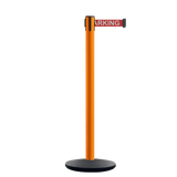 Retractable Belt Barrier Stanchion, Orange Post, Cast Iron Base, 10.5 Ft. Belt - Montour Line MI630 - Crowd Control Warehouse