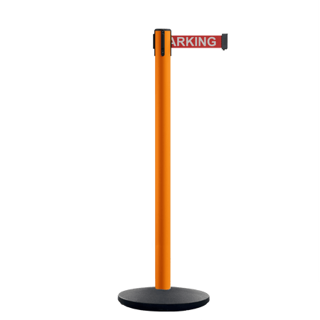 Retractable Belt Barrier Stanchion, Orange Post, Cast Iron Base, 10.5 Ft. Belt - Montour Line MI630 - Crowd Control Warehouse