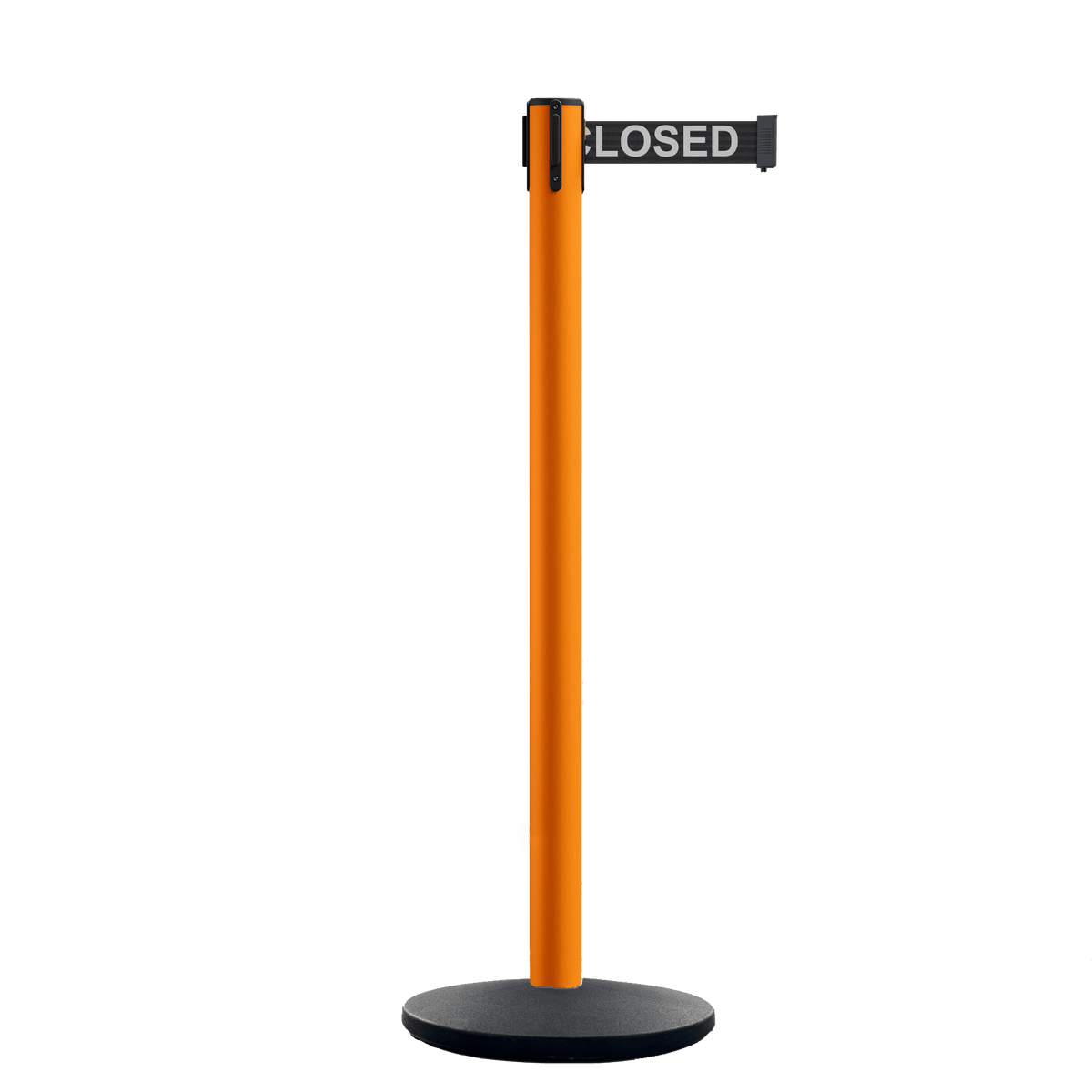 Retractable Belt Barrier Stanchion, Orange Post, Cast Iron Base, 11 Ft. Belt - Montour Line MSI630 - Crowd Control Warehouse