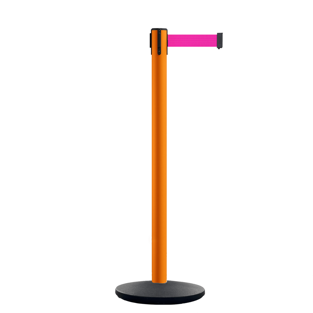 Retractable Belt Barrier Stanchion, Orange Post, Cast Iron Base, 11 Ft. Belt - Montour Line MSI630 - Crowd Control Warehouse