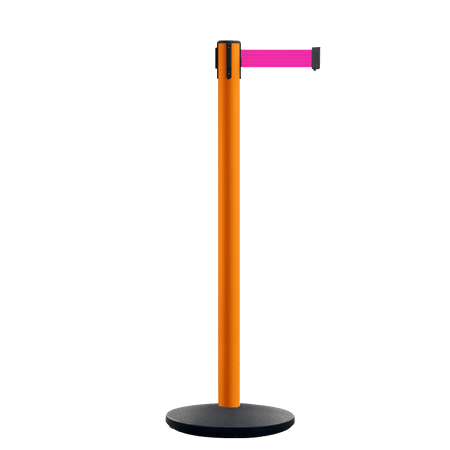Retractable Belt Barrier Stanchion, Orange Post, Cast Iron Base, 11 Ft. Belt - Montour Line MSI630 - Crowd Control Warehouse