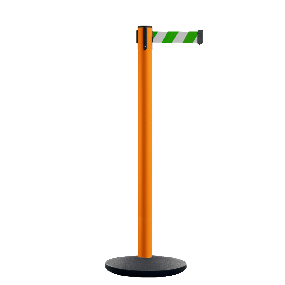 Retractable Belt Barrier Stanchion, Orange Post, Cast Iron Base, 11 Ft. Belt - Montour Line MSI630 - Crowd Control Warehouse